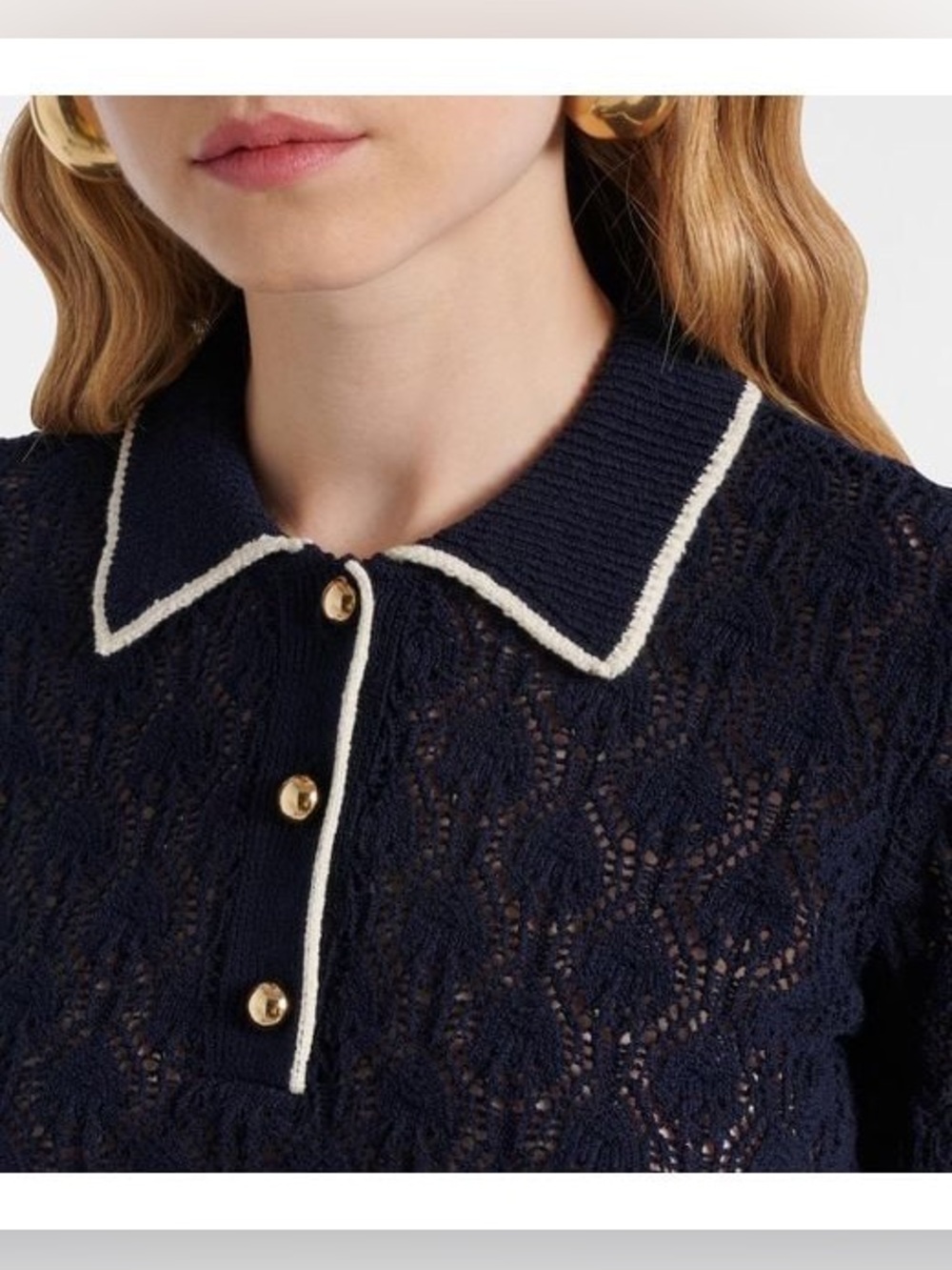 Frame | Navy and Cream Crochet Short Sleeve Knit Top, S - Picture 3 of 12